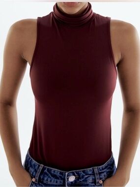 ZARA Burgundy Sleeveless Turtleneck Bodysuit Fitted Stretch High Neck Small